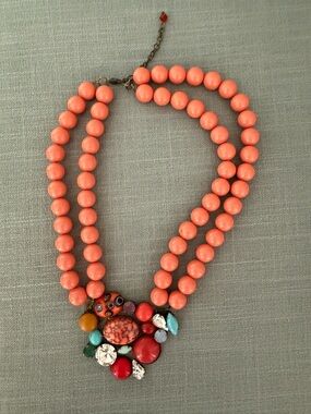 Dimitriadis Coral Beaded Statement Necklace Multicolor Pendant Vintage Style